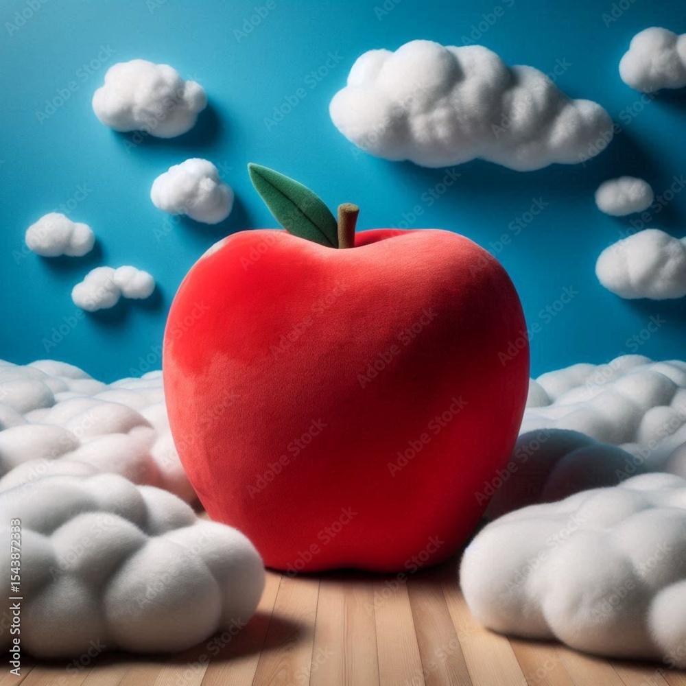 Obraz premium A surreal red apple floating in a dreamy sky with fluffy white clouds, symbolizing imagination and surrealism.