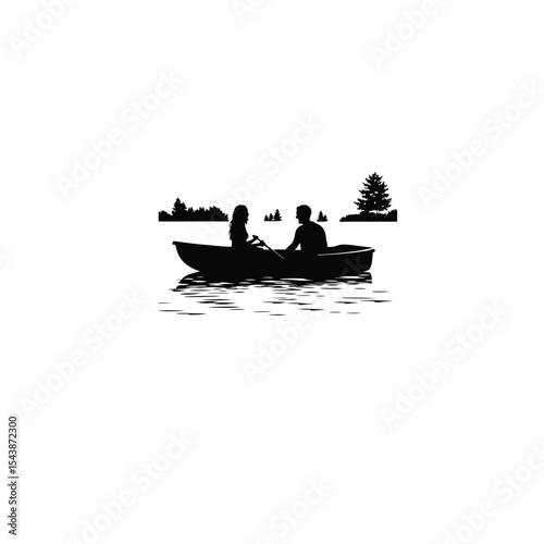 A couple enjoying a boat ride on a lake on white background