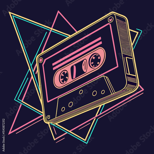 Retro cassette tape with neon triangles on a dark background in a vibrant and colorful design