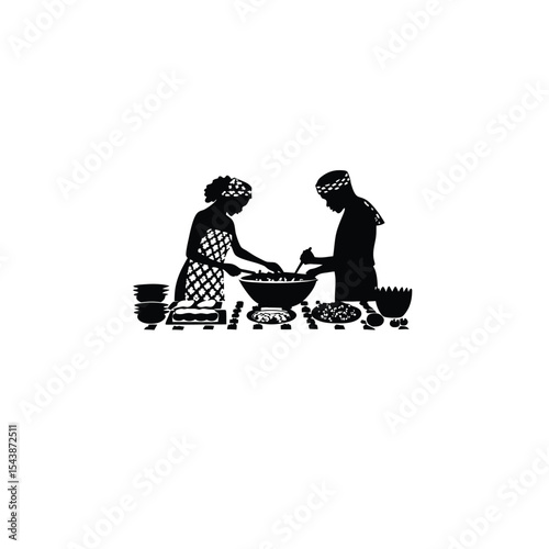 A couple preparing traditional food for a festival on white background