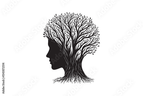 Silhouette of a human head with tree roots as hair 