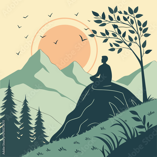 Silhouette of a person meditating on a rock with mountains and a tree in the background at sunset