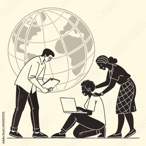 People collaborating with laptop and clipboard in front of a globe illustration on a light background
