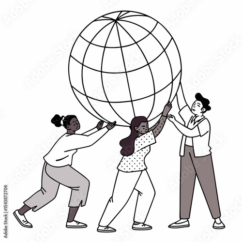 Three diverse people supporting a large globe together in a collaborative effort illustration