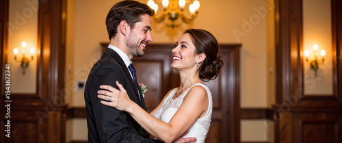 Joyful couple sharing first look in elegant ballroom, love celebration