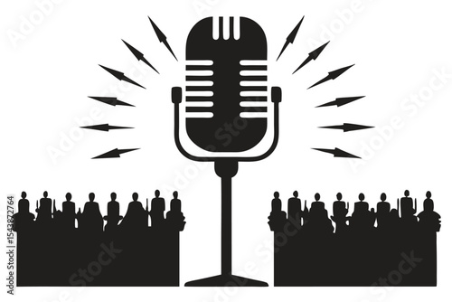 Vintage Microphone Vector – Sound Waves into Crowd Silhouettes with Democratic Newspaper Texture