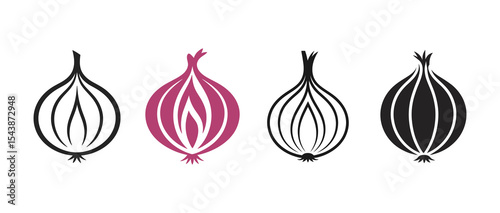 Minimalist Onion Icons: Red, Black, and Outline Designs for Food and Cooking