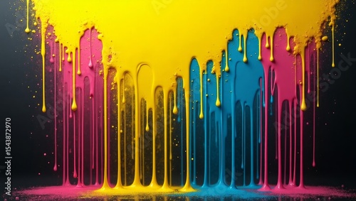 Cyan Magenta Yellow Paint Drips Dark Background cyan paint