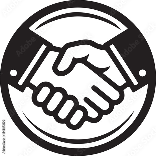 Business handshake silhouette icon inside circular badge symbolizing partnership, trust, agreement, and corporate teamwork