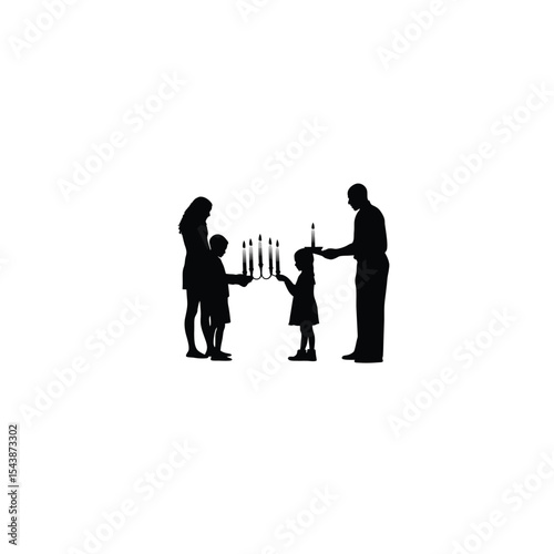 A family lighting candles for a festive occasion on white background