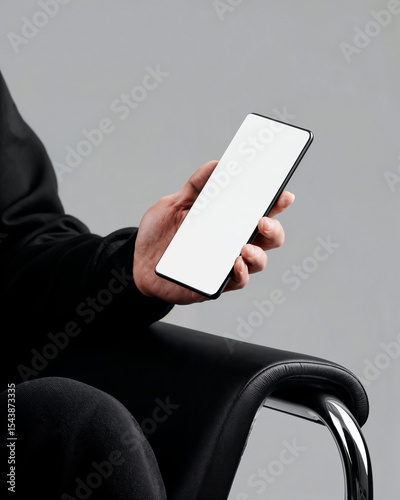 Hand Holding Smart Phone Mockup on Black Minimalist Scene