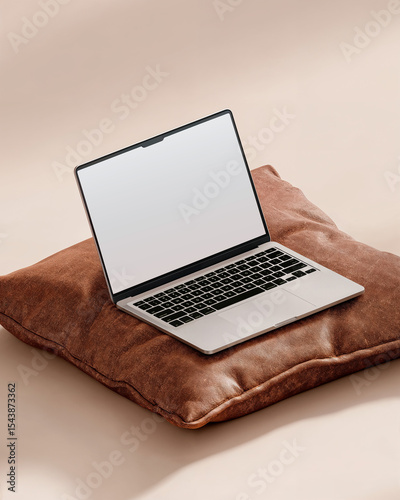  Laptop Computer Mockup on Brown Leather Pillow Minimalist Background