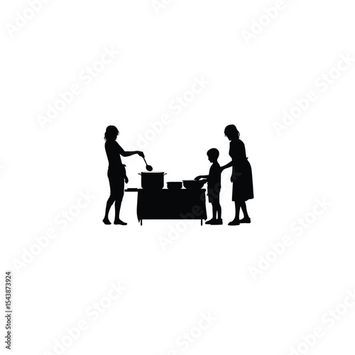 A family volunteering at a soup kitchen on white background