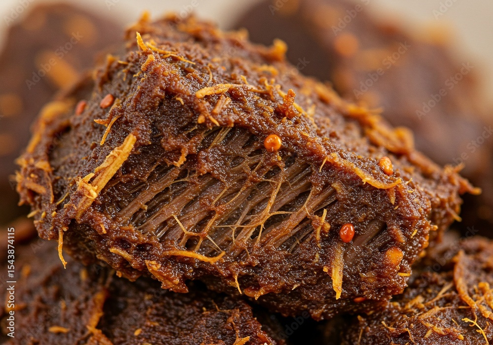 Close-up of Dendeng Balado, Indonesian Beef Jerky with Chili Paste and Fibrous Texture Close-up of Dendeng Balado, Indonesian Beef Jerky with Chili Paste and Fibrous Texture