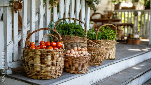 Assorted wicker baskets filled with fresh produce like tomatoes herbs and eggs on farmhouse porch with white wooden railing real photo stock photography