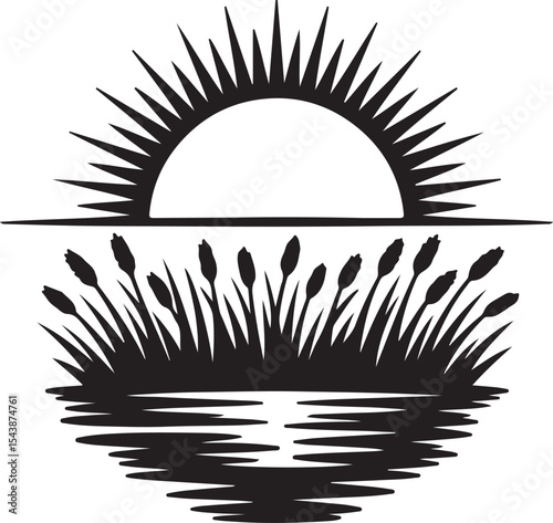 Morning sunrise over reeds and reflection in water silhouette scene capturing calm landscape, peace, and natural beauty