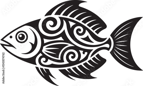 Tribal fish design in stylized black silhouette with ornate patterns representing ethnic art, marine life, and cultural tattoo style