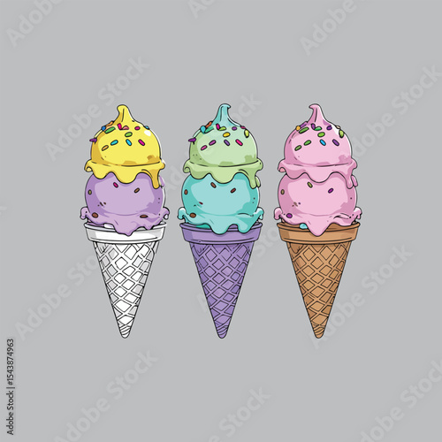 Three delicious double scoop ice cream cones