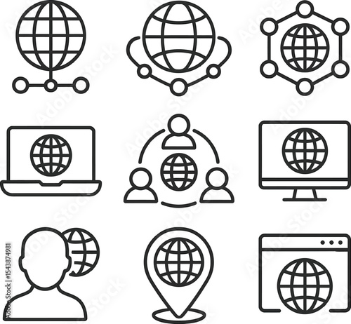 Globe icon set with world and internet symbols for web and business design