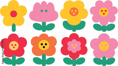 Eight Retro Style Flowers in Cheerful Colors Arranged in a Neat Grid Pattern on a White Background Design