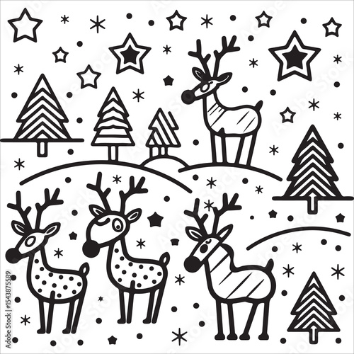 Christmas Reindeer and Trees Line Art Design