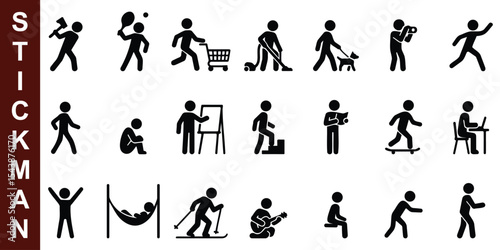 Minimal stickman icons set, depicting daily life activities, exercise, hobbies, and leisure in flat black silhouette style