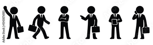 Stickman businesspeople silhouettes with briefcases in walking and standing corporate office poses