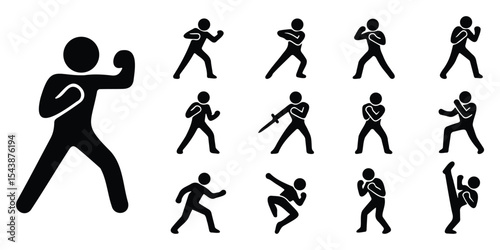 Stickman fighting action silhouettes showing martial arts, punching, and self-defense in bold icon style