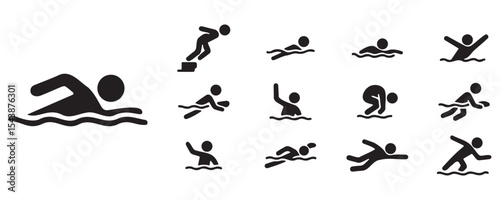 Stickman swimming poses collection showing various aquatic sport styles and actions in flat silhouette