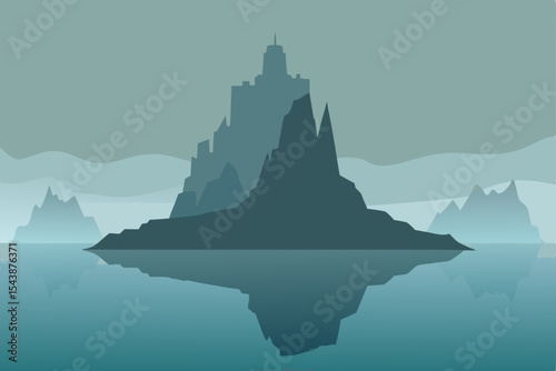  mysterious rocky island with fog and reflection
