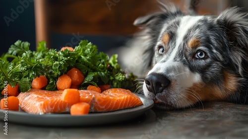 Dog Watching Plate of Salmon and Carrots Surrounded by Fresh Herbs