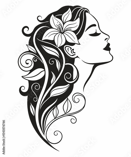 Elegant Female Portrait with Floral Hair – Black and White Vector
