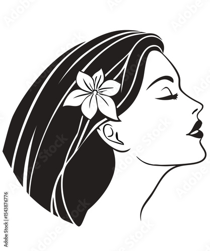 Elegant Female Portrait with Floral Hair – Black and White Vector
