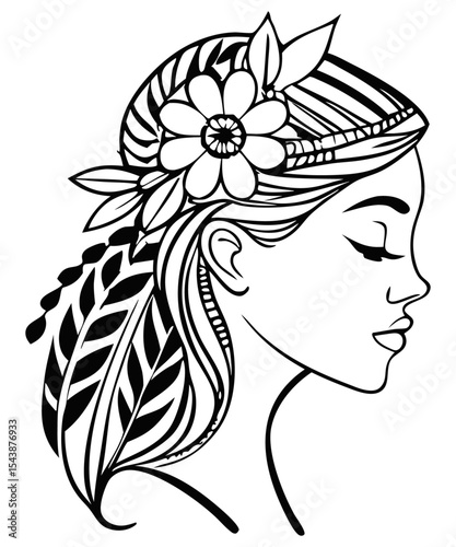 Elegant Female Portrait with Floral Hair – Black and White Vector
