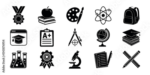 Black and White Education Icon Set – School, Science, Art, and Learning Symbols

