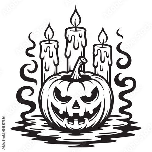 Scary Halloween Pumpkin with Candles and Swirling Smoke – Vector Illustration