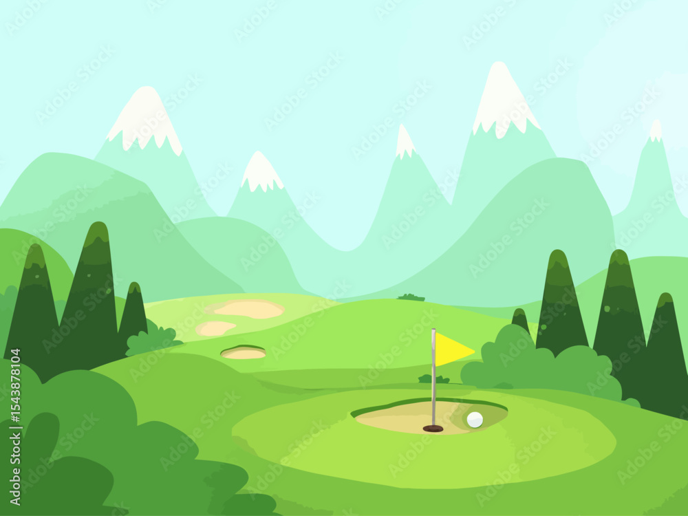 Obraz premium Golf course landscape with flag, green hills, pine trees and large golf ball illustration
