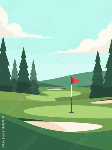 Golf course landscape with flag, green hills, pine trees and large golf ball illustration