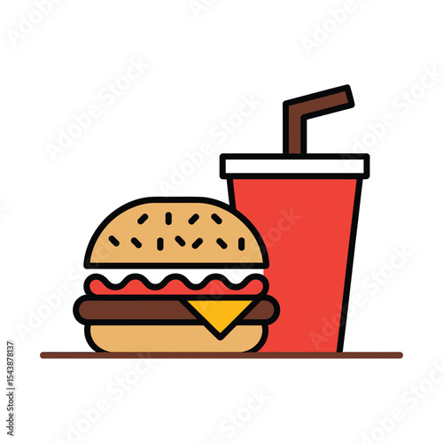 cheeseburger with lettuce, tomato, and cheese next to a red soda cup with straw, isolated on white background, flat vector illustration