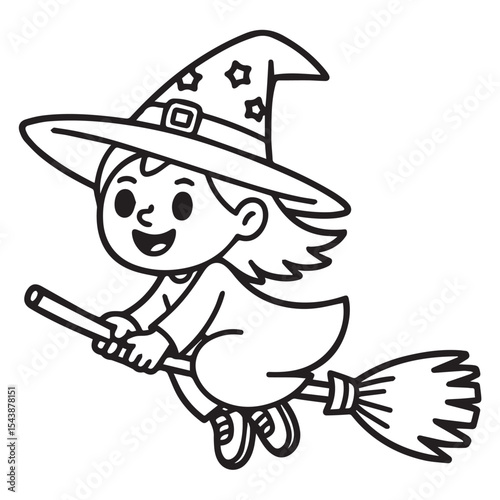 Happy Cartoon Witch on Broomstick – Fun Line Drawing for Halloween Designs