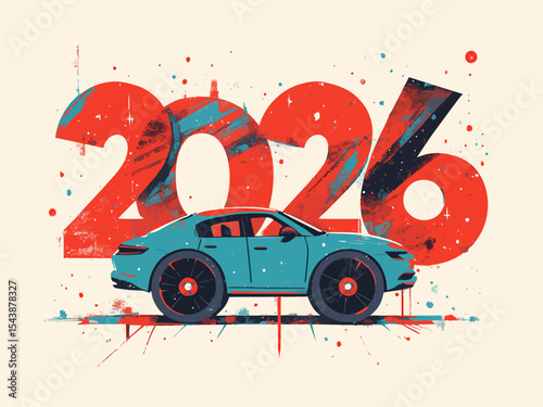  2026 new year card with tire wheel marks of car 