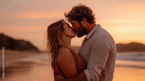 This intimate image showcases a couple sharing a passionate kiss on the beach as the sun sets, symbolizing love, connection, and the beauty of fleeting moments.