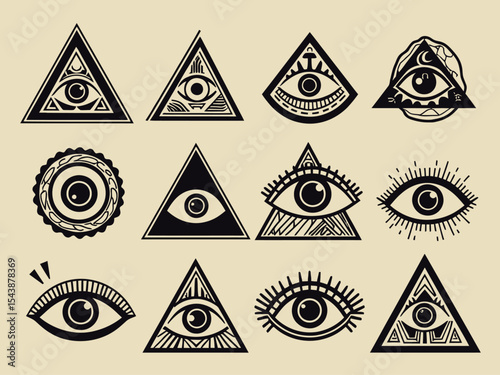 All Seeing Eye icons set pyramid Illuminati symbol