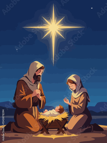 ativity scene in Bethlehem Christmas scene illustration showing holy family baby Jesus in the manger Joseph and Mary