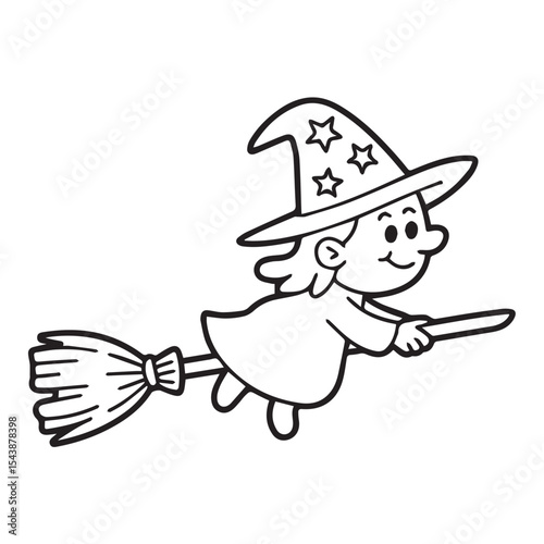 Cute Cartoon Witch Flying on Broomstick – Black and White Line Art Vector