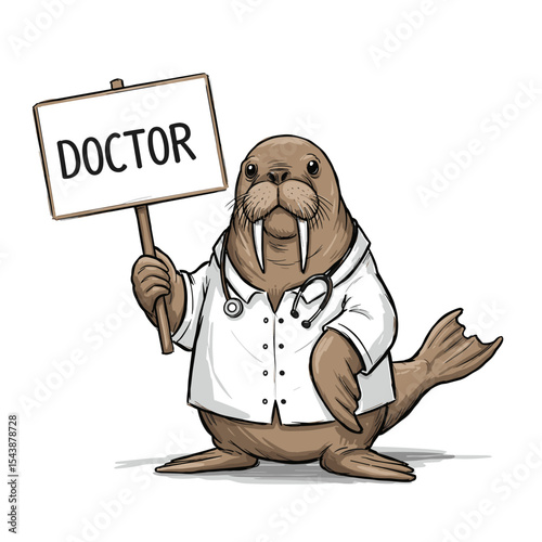 Cartoon walrus dressed as a doctor holding a sign that says doctor  