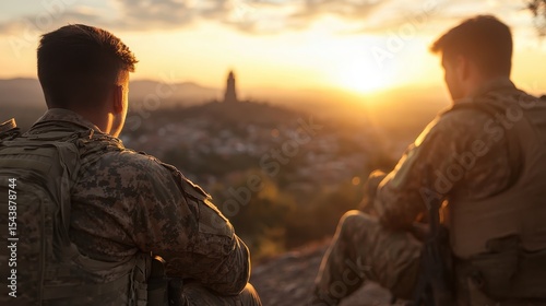 This poignant image shows two soldiers sitting together, gazing at a sunset while overlooking a town, representing brotherhood, bravery, and resilience during peaceful moments.
