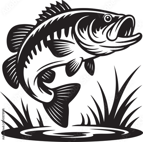 Jumping largemouth bass silhouette emerging from grass and water showcasing wildlife sport fishing and aquatic movement art