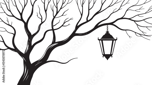 Bare winter tree with hanging lantern silhouette expressing moody seasonal atmosphere, solitude, and minimalist outdoor design
