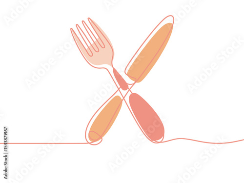 minimalistic continuous line art illustration of fork and knife crossed in x shape, symbolizing dining, culinary, and food themes